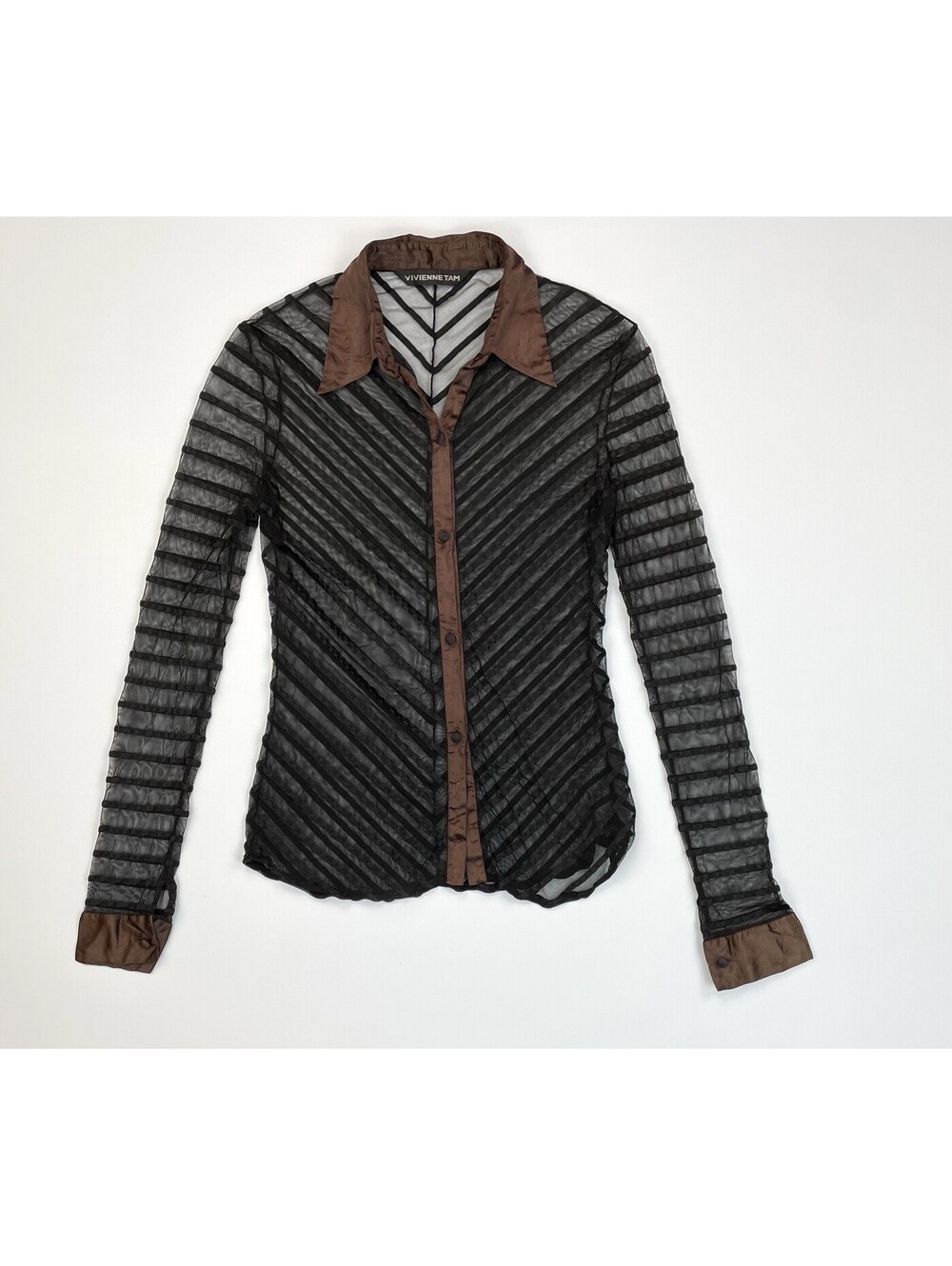 VIVIENNE TAM Vintage 90s Brown Mesh Sheer Blouse Satin Stripes S Buffy *read*